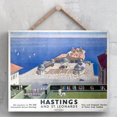 P0094 - Cartel original del ferrocarril nacional de Hastings St Leonards Pier en una placa de decoración vintage