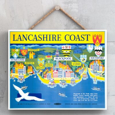 P0108 - Poster originale della National Railway della costa del Lancashire su una targa con decorazioni vintage