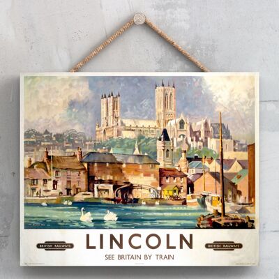P0110 - Cartel original del ferrocarril nacional de la catedral de los cisnes de Lincoln en una placa de decoración vintage
