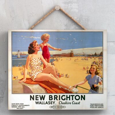 P0134 - New Brighton Wallasey Beach View Lady Child Original National Railway Poster en una placa Vintage Decor