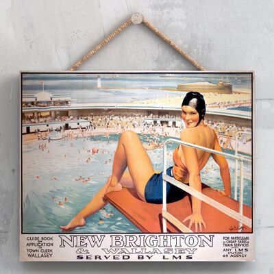 P0135 - New Brighton Wallasey Swimmer Póster de ferrocarril nacional original en una placa de decoración vintage