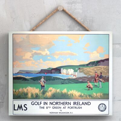 P0144 - Poster originale della ferrovia nazionale del golf dell'Irlanda del Nord su una targa con decorazioni vintage