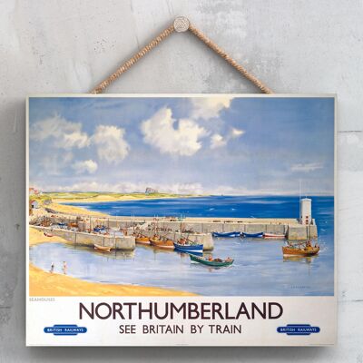 P0148 - Poster originale della ferrovia nazionale del porto di Northumberland su una decorazione d'epoca della targa