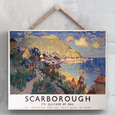 P0174 - Poster della National Railway originale della costa di Scarborough su una targa con decorazioni vintage