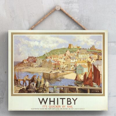 P0225 - Cartel original del Ferrocarril Nacional de Whitby Sail en una placa con decoración vintage