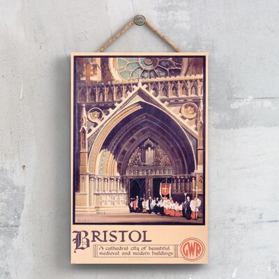 P0292 - Poster originale della National Railway della città della cattedrale di Bristol su una targa con decorazioni vintage