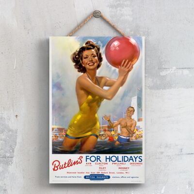 P0309 - Butlins Holidays Poster originale della ferrovia nazionale su una targa con decorazioni vintage