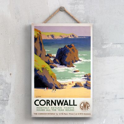 P0340 - Poster della ferrovia nazionale originale della Cornovaglia Cornish Riviera su una targa con decorazioni vintage