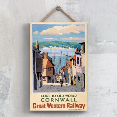 P0343 - Poster della ferrovia nazionale originale del vecchio mondo della Cornovaglia su una targa con decorazioni vintage