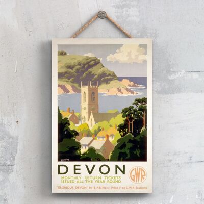 P0359 - Cartel del ferrocarril nacional original de la escena de la iglesia de Devon en una placa de decoración vintage