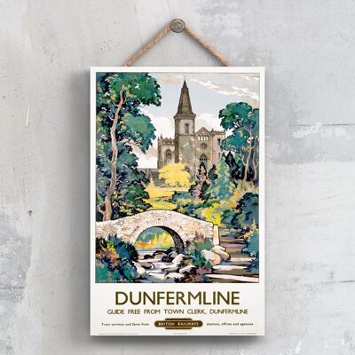 P0374 - Póster original del ferrocarril nacional de Dunfermline en una placa con decoración vintage