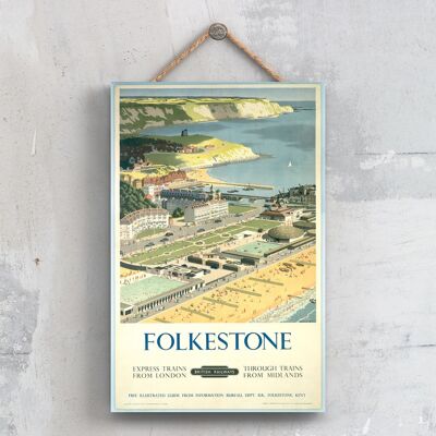 P0407 - Cartel del Ferrocarril Nacional Original con Vistas al Mar de Folkestone en una Placa con Decoración Vintage
