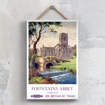 P0411 - Fountains Abbey Yorkshire Affiche originale des chemins de fer nationaux sur une plaque décor vintage 1