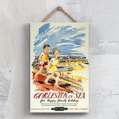 P0416 - Gorleston On Sea Happy Original National Railway Poster su una placca Decor vintage