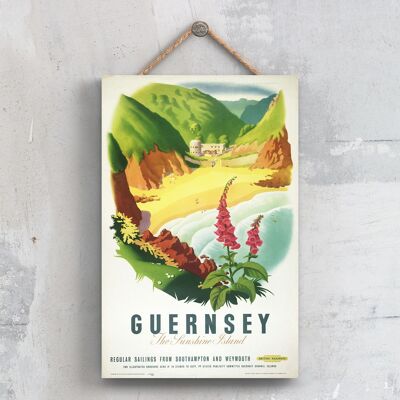 P0423 - Guernsey Sunshine Poster originale della National Railway su una targa con decorazioni vintage