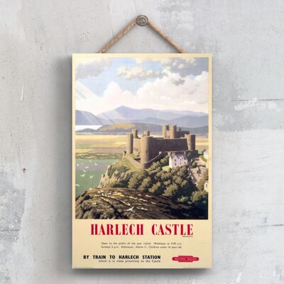 P0425 - Harlech Castle Meioneth Poster originale delle ferrovie nazionali su una targa con decorazioni vintage