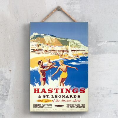 P0431 - Hastings St Leonards Sun Affiche originale des chemins de fer nationaux sur une plaque décor vintage