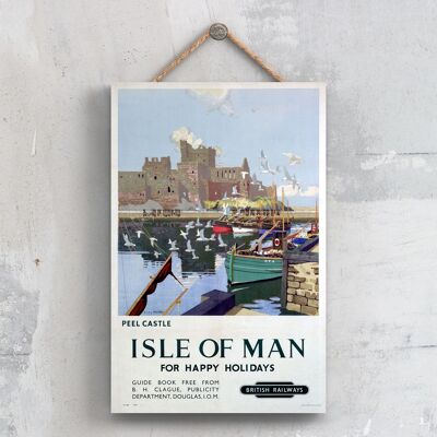 P0462 - Isle Of Man Peel Castle Poster originale della National Railway su una placca Decor vintage