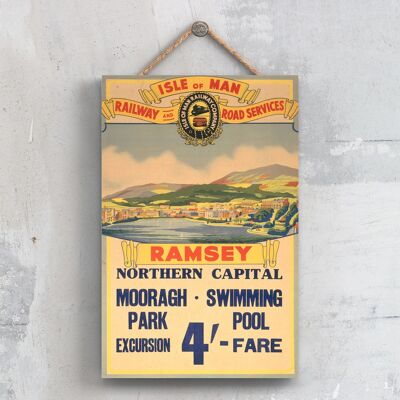 P0467 - Poster originale della National Railway dell'isola di Man Ramsey su una targa con decorazioni vintage