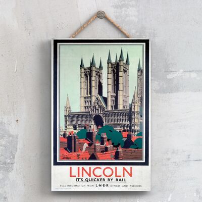 P0499 - Poster originale della National Railway della Cattedrale di Lincoln su una targa con decorazioni vintage