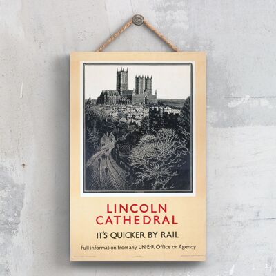 P0500 - Poster originale della National Railway della Cattedrale di Lincoln su una targa con decorazioni vintage