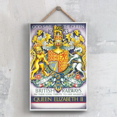 P0514 - London God Save The Queen Poster originale della National Railway su una targa con decorazioni vintage