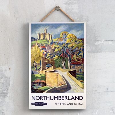 P0556 - Poster originale della ferrovia nazionale del castello di Northumberland su una decorazione d'epoca della targa