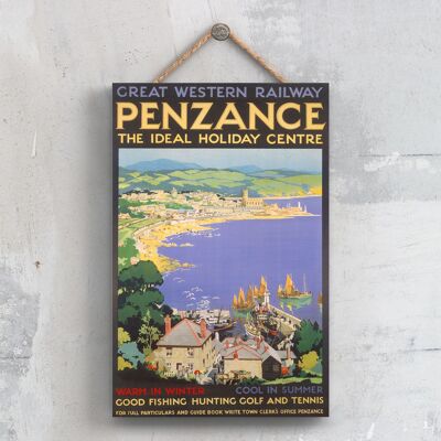 P0575 - Penzance The Idealoliday Center Poster originale delle ferrovie nazionali su una targa con decorazioni vintage