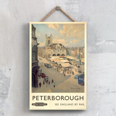 P0577 - Cartel del ferrocarril nacional original de la escena del mercado de Peterborough en una placa de decoración vintage