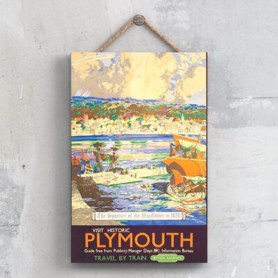 P0580 - Plymouth Mayflower Poster originale della National Railway su una targa con decorazioni vintage