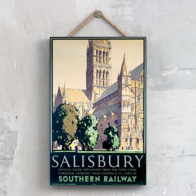 P0606 - Poster originale della National Railway della Cattedrale di Salisbury su una targa con decorazioni vintage