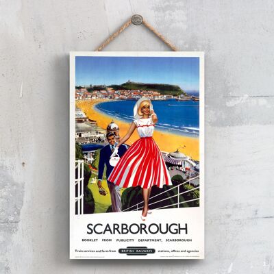 P0612 - Poster delle ferrovie nazionali originali delle scale di Scarborough su una targa con decorazioni vintage