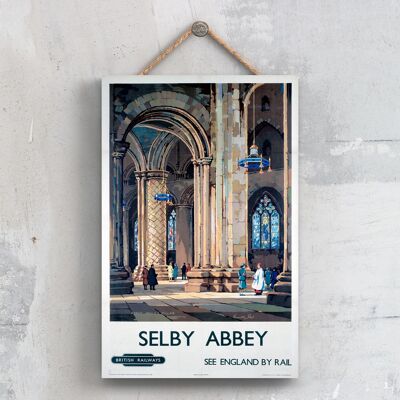 P0616 - Afiche original del Ferrocarril Nacional de la Abadía de Selby en una placa con decoración vintage