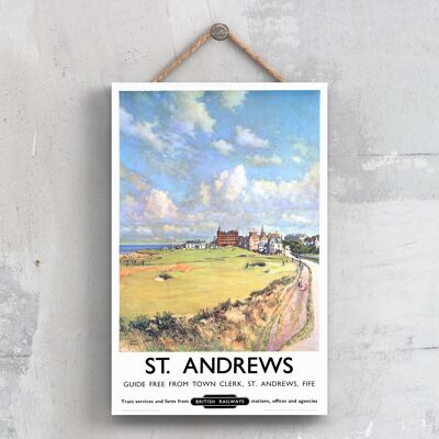P0637 - Poster originale della National Railway di St Andrews in Scozia su una targa con decorazioni vintage