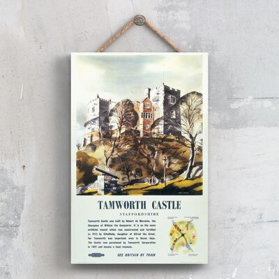P0648 - Poster della ferrovia nazionale originale del castello di Tamworth su una targa con decorazioni vintage
