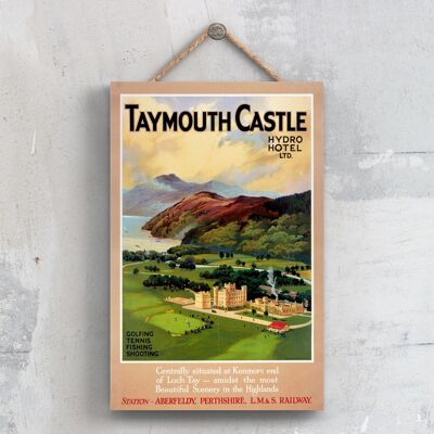 P0649 - Poster originale della ferrovia nazionale del castello di Taymouth su una decorazione d'epoca della targa