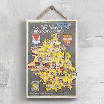 P0656 - Poster originale delle ferrovie nazionali delle contee di Cambridgeshire Anduntingdonshire su una targa con decorazioni vintage