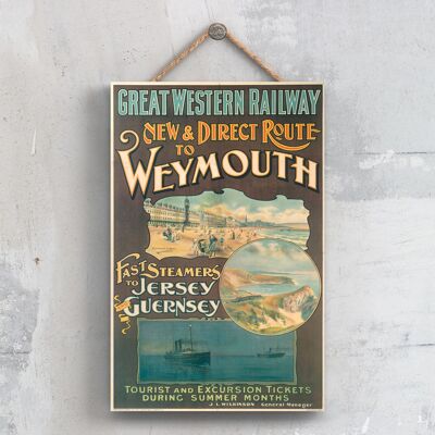P0688 - Afiche original del Ferrocarril Nacional de Weymouth a Jersey en una placa con decoración vintage