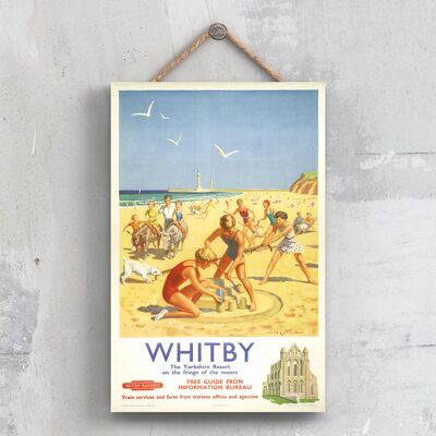 P0691 - Poster originale della National Railway di Whitby Sandcastle su una targa con decorazioni vintage