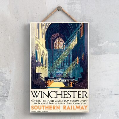 P0694 - Poster originale della National Railway della cattedrale di Winchester su una targa con decorazioni vintage