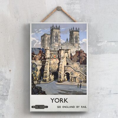 P0707 - Poster originale della National Railway della Cattedrale di York su una targa con decorazioni vintage