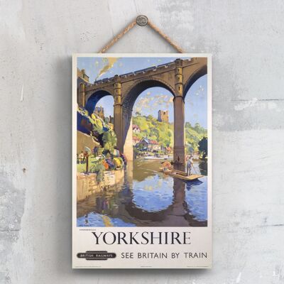 P0721 - Afiche original del Ferrocarril Nacional de Yorkshire Knaresborough en una placa con decoración vintage