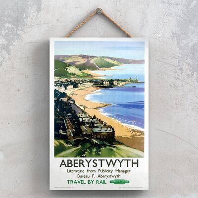 P0726 - Poster della ferrovia nazionale originale della costa di Aberystwyth su una targa con decorazioni vintage