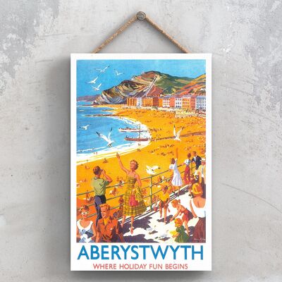 P0727 - Aberystwyth Holiday Poster originale della National Railway su una targa con decorazioni vintage