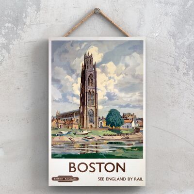 P0755 - Affiche originale des chemins de fer nationaux de l'église de Boston sur une plaque décor vintage