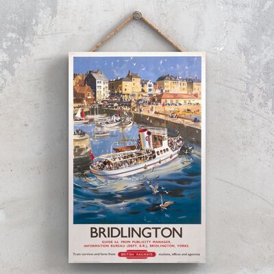 P0765 - Poster della ferrovia nazionale originale del porto di Bridlington su una targa con decorazioni vintage