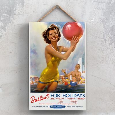 P0784 - Butlins Holidays Poster originale della National Railway su una targa con decorazioni vintage