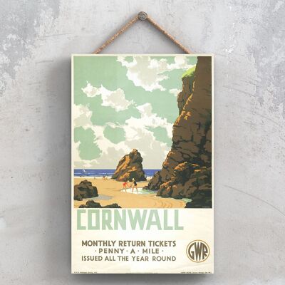 P0814 - Cartel del ferrocarril nacional original de la escena de la playa de Cornualles en una placa de decoración vintage