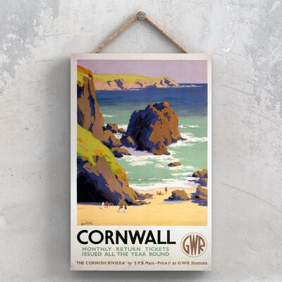 P0815 - Poster della ferrovia nazionale originale della Cornovaglia Cornish Riviera su una targa con decorazioni vintage