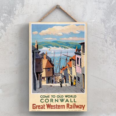 P0818 - Poster della ferrovia nazionale originale del vecchio mondo della Cornovaglia su una targa con decorazioni vintage